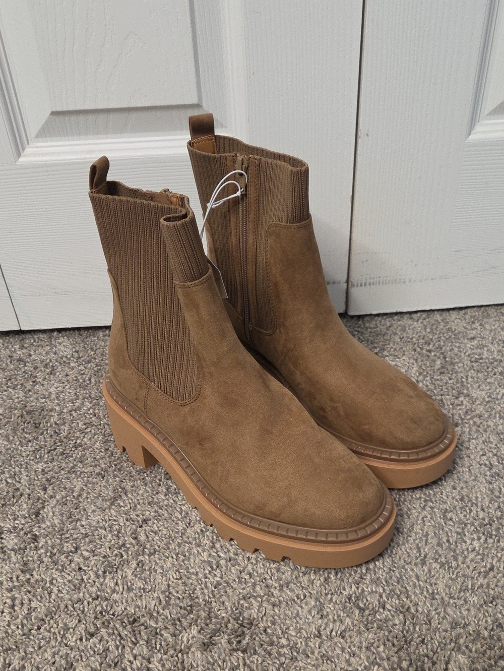 Tan Faux Suede Chunky Chelsea Zip Up Ankle Boots, Size 10, New With Tags